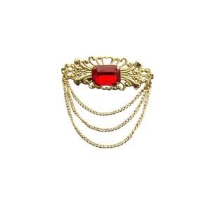 Vintage Gold Filigree Red Glass Stone Brooch with Chain Drape